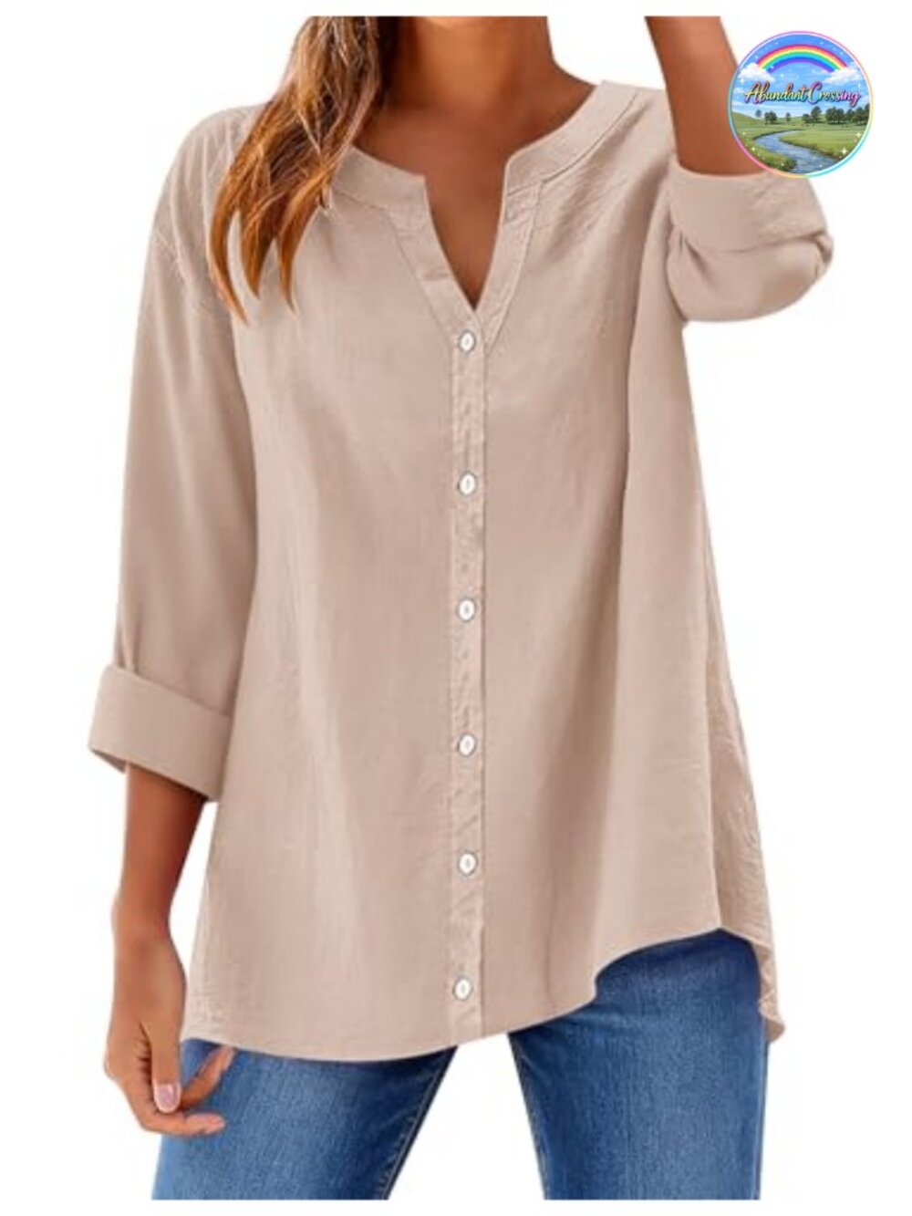 Womens Cotton Linen Button Down Shirt Long Sleeve V Neck Loose Fit Blouse